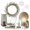 Decorative Ornament Set with Silver Wreath Snowflake Decorations Metallic Vase Deer Figurine and Table Lamp