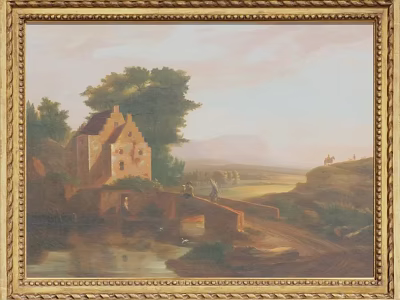 Vintage Landscape Painting With Gold Frame Country House Trees Bridge And River 3d model