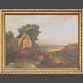 Vintage Landscape Painting With Gold Frame Country House Trees Bridge And River