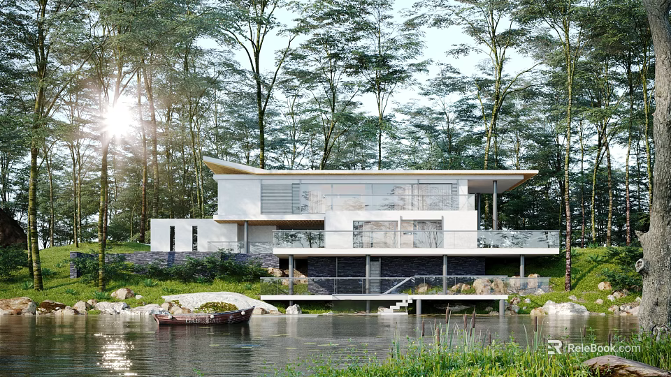 Modern Detached Villa With Glass Facade And Waterfront Location Among Trees 3d model 