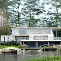 Modern Detached Villa With Glass Facade And Waterfront Location Among Trees