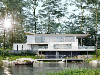 Modern Detached Villa With Glass Facade And Waterfront Location Among Trees 3d model