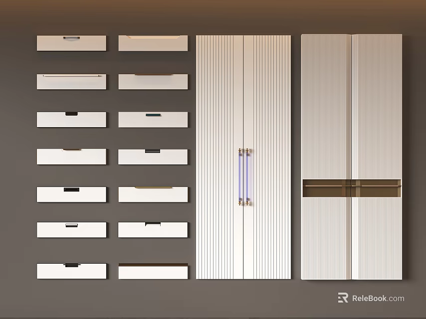 Modern Wardrobe Doors With Sleek Vertical Panel Design And White Handle Details 3d model