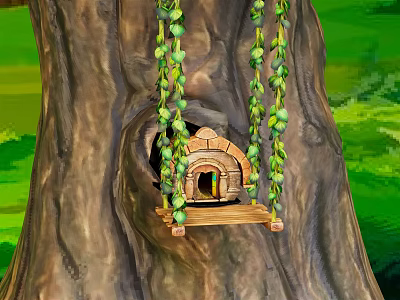 Magical Tree Hole Swing House With Green Vines On Large Tree Trunk 3d model