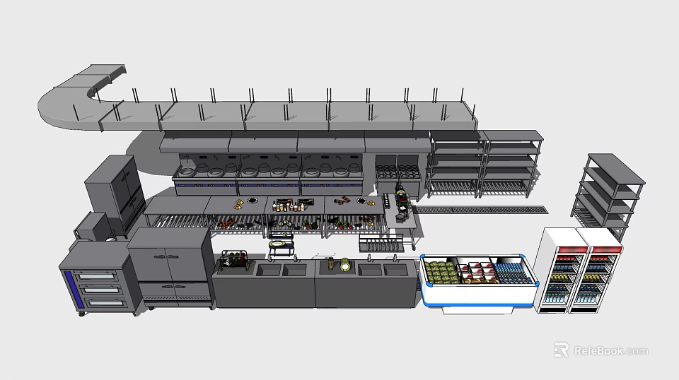 Commercial Kitchen 3D Model With Shelves Workstations And Kitchen Appliances 3d model 