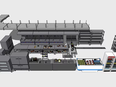 Commercial Kitchen 3D Model With Shelves Workstations And Kitchen Appliances 3d model
