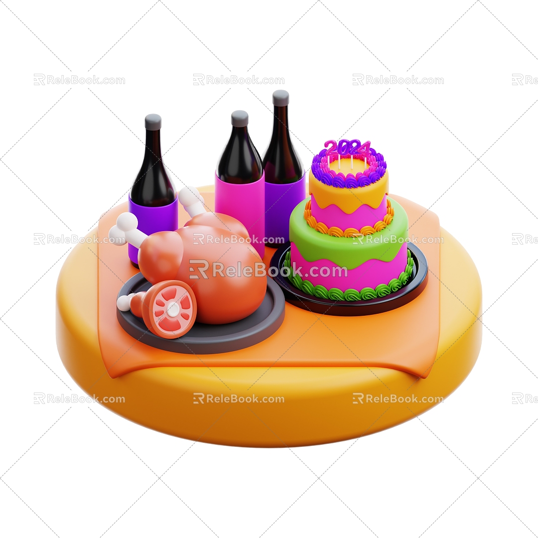 Food Cake Chicken Red Wine Cartoon Food Cartoon Cake 3d model