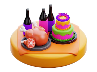 Colorful Food Platter with Roast Chicken Layered Cake and Purple Pink Bottles on Yellow Tray 3d model
