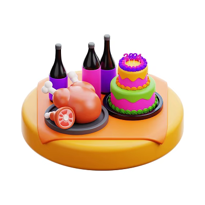 Colorful Food Platter with Roast Chicken Layered Cake and Purple Pink Bottles on Yellow Tray 3d model