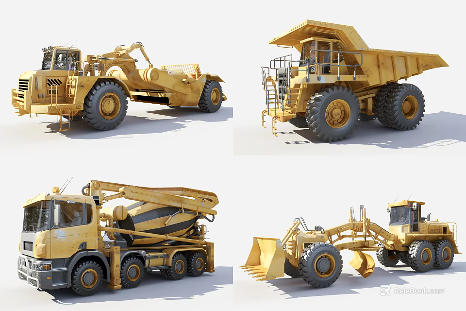 Yellow Heavy Duty Functional Vehicles Including Loader Dump Truck Mixer And Bulldozer 3d model 