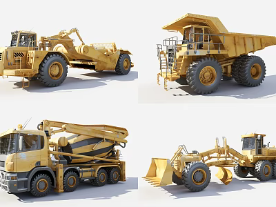 Yellow Heavy Duty Functional Vehicles Including Loader Dump Truck Mixer And Bulldozer 3d model