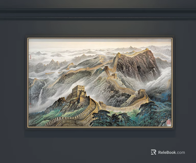 Chinese Great Wall Landscape Painting with Misty Mountains and Rolling Clouds 3d model 