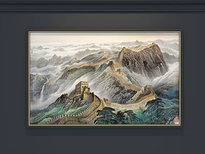 Chinese Great Wall Landscape Painting with Misty Mountains and Rolling Clouds 3d model