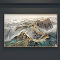 Chinese Great Wall Landscape Painting with Misty Mountains and Rolling Clouds