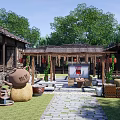 Traditional Garden Landscape Featuring Wooden Architecture Tea Pot Decor and Green Plant Courtyard