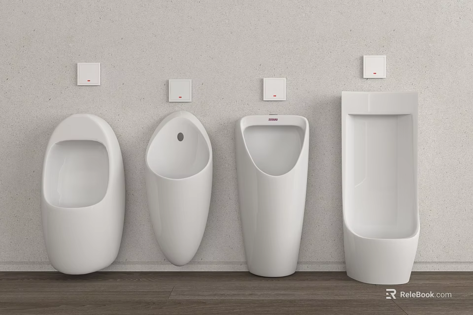 Modern White Urinals with Various Designs and Flush Controls Mounted on Wall 3d model 