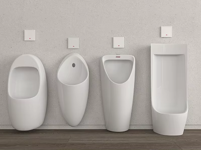 Modern White Urinals with Various Designs and Flush Controls Mounted on Wall 3d model