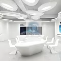 Modern White Office Interior With Round Ceiling Lights And Digital Screens 3d model