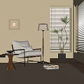 White Leisure Chair With Cushions And Floor Lamp Near Potted Plant Beige Wall