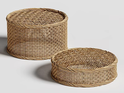 Two Round Rattan Stools With Woven Texture In Natural Tone Different Sizes 3d model