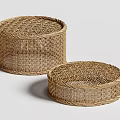 Two Round Rattan Stools With Woven Texture In Natural Tone Different Sizes