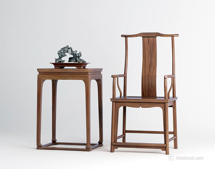 Traditional Chinese Wooden Armchair With Side Table And Stone Ornament 3d model 