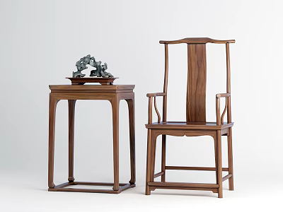Traditional Chinese Wooden Armchair With Side Table And Stone Ornament 3d model