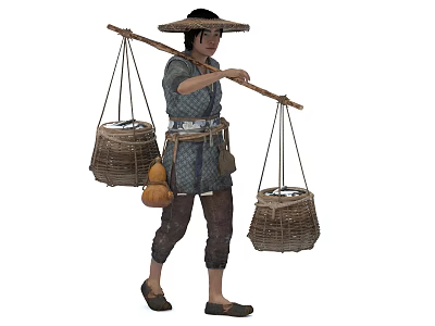 Traditional Game Character Wearing Bamboo Hat Carrying Shoulder Pole With Wicker Baskets And Gourd 3d model