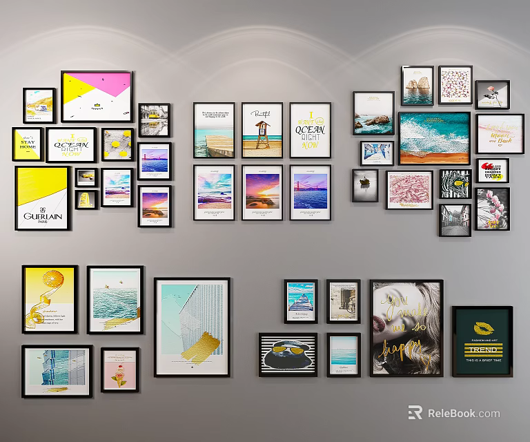 Creative Photo Wall Design With Various Size Frames And Art Prints For Home Decor 3d model