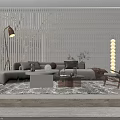 Modern Living Room Interior With Sofa Hanging Chair Area Rug And Slatted Wall