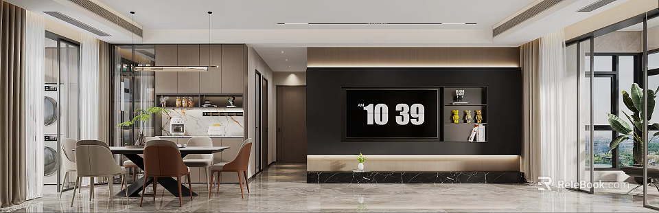 Modern Living and Dining Room Interior With TV Wall Dining Table and Decorative Elements 3d model