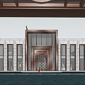 Elegant Modern Building Facade With Central Bronze Door White Walls Rectangular Windows And Decorative Roof 3d model