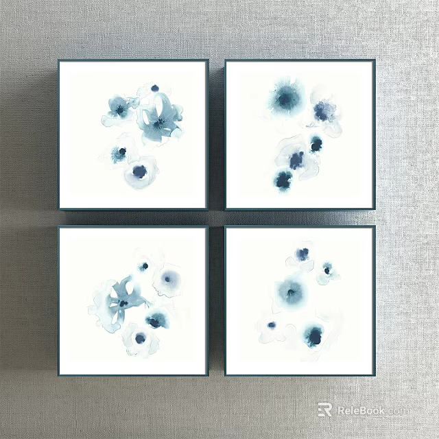 Square Decorative Paintings With Blue White Ink Flowers On Gray Wall 3d model