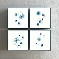 Square Decorative Paintings With Blue White Ink Flowers On Gray Wall 3d model