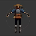 Traditional Warrior Character In Blue Top With Conical Hat Orange Belt And Sword Pouches