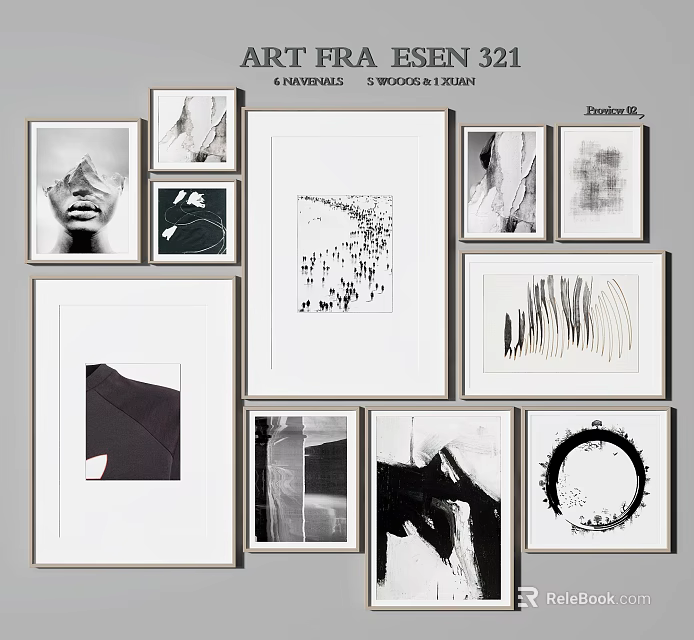 Gallery Wall With Multiple Frames Featuring Black And White Minimalist Art Prints 3d model