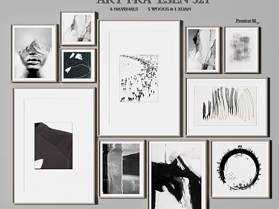 Gallery Wall With Multiple Frames Featuring Black And White Minimalist Art Prints 3d model