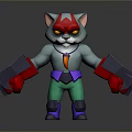 Cartoon Cat Character With Red Eyes Gray Body Green Pants And Purple Belt