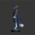 Blue Eared Anthropomorphic Fox In Plaid Shirt Vest Denim Shorts Standing On Black Base