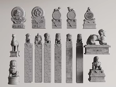 Traditional Stone Pillars With Carved Lions And Drum Decorations Ancient Architecture 3d model