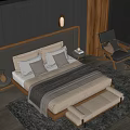 Modern Double Bed With Wooden Headboard Gray Beige Bedding And Wooden Bench On Gray Carpet