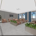 Modern Waiting Area Interior With Comfortable Sofas Green Plants Wall TV And Large Windows 3d model