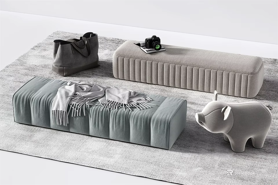 Stylish Gray Ottomans With Blanket Scarf Camera Book And Decorative Pig 3d model