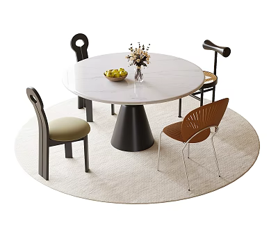 Round Dining Table and Chairs Set Modern Design White Tabletop Black Legs With Fruit Bowl 3d model