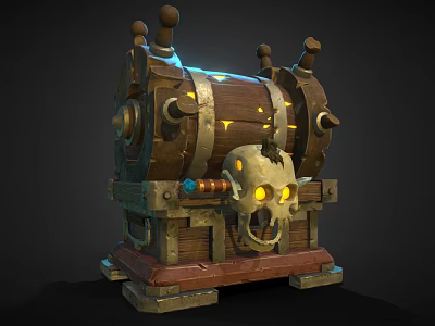 Ornate Vintage Wooden Treasure Chest With Glowing Skull And Metal Accents 3d model
