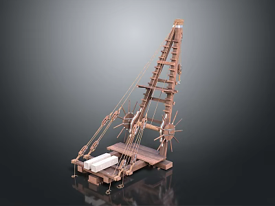 Ancient Wooden Mechanical Device With Rope Wheel And Structural Components Model 3d model