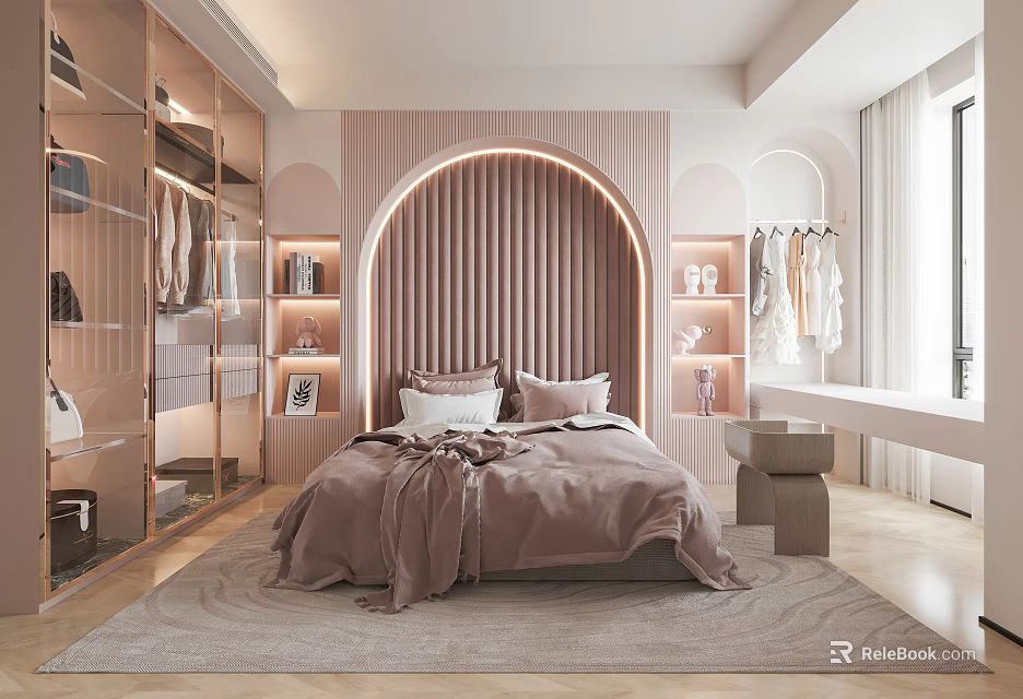 Modern Pink Children's Room Interior With Arched Headboard Wardrobe Bookshelf And Rug 3d model 