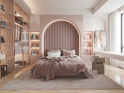 Modern Pink Children's Room Interior With Arched Headboard Wardrobe Bookshelf And Rug 3d model