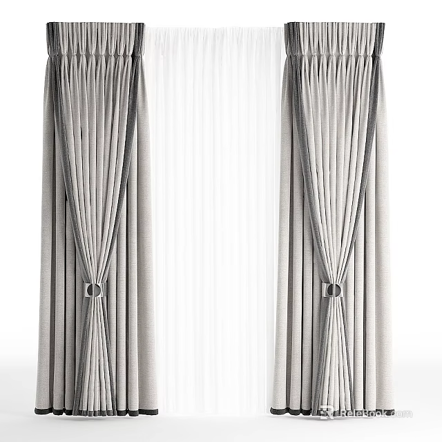 Elegant Gray Pleated Curtains With Tie Backs And Sheer Liner For Home Decor 3d model 