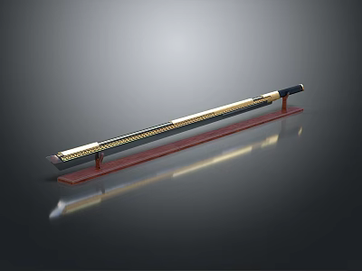 Exquisite Long Weapon With Gold Black Accents And Red Wooden Stand On Gradient Gray Background 3d model